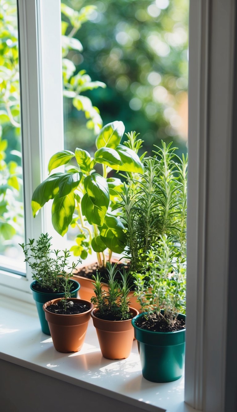 Sunlit windowsill adorned with pots of fresh herbs like basil and rosemary