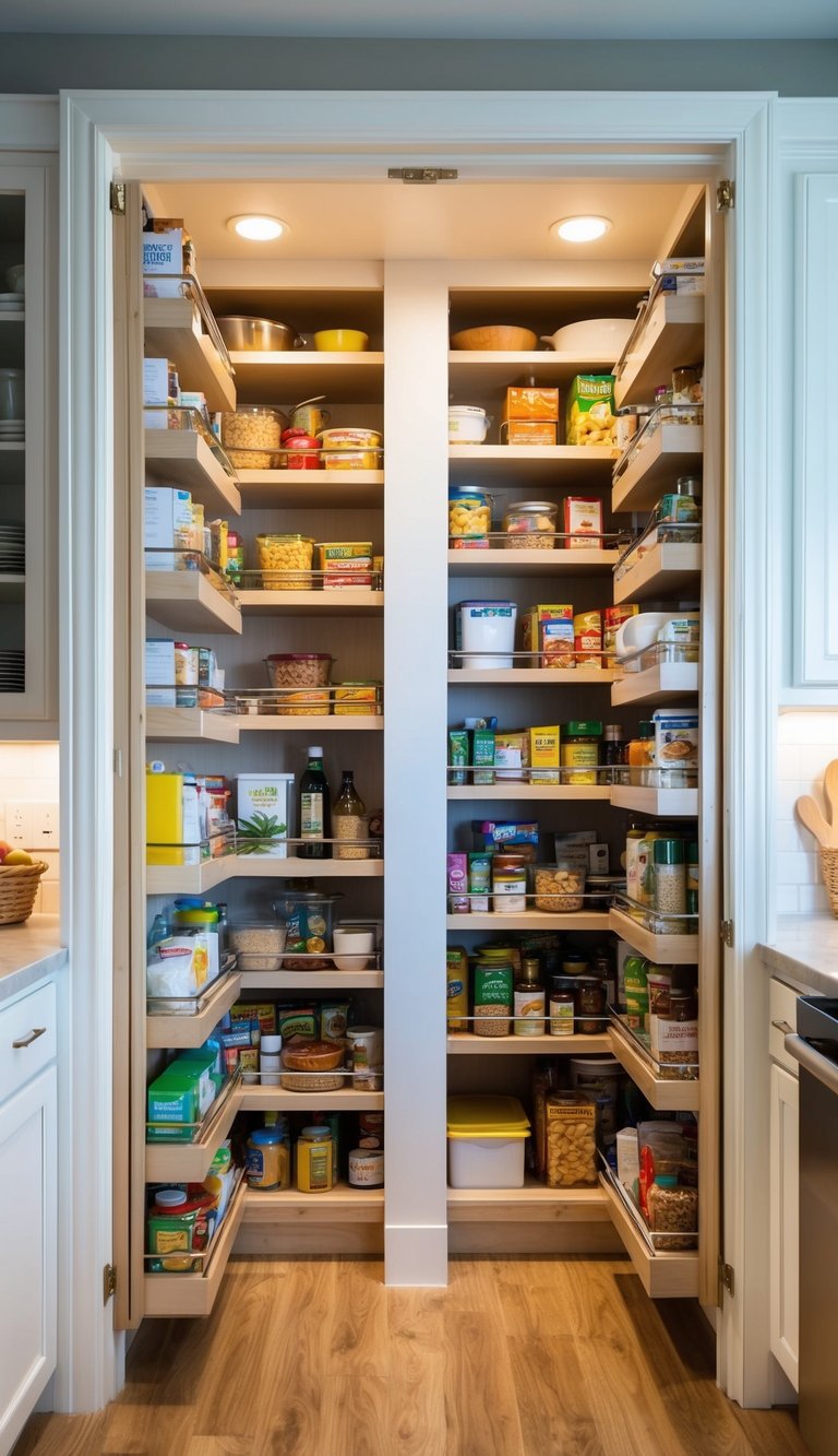 Organized pull-out pantry filled with kitchen essentials