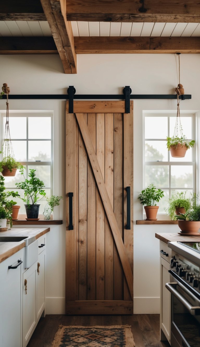 Rustic kitchen featuring a sliding barn door and natural decor