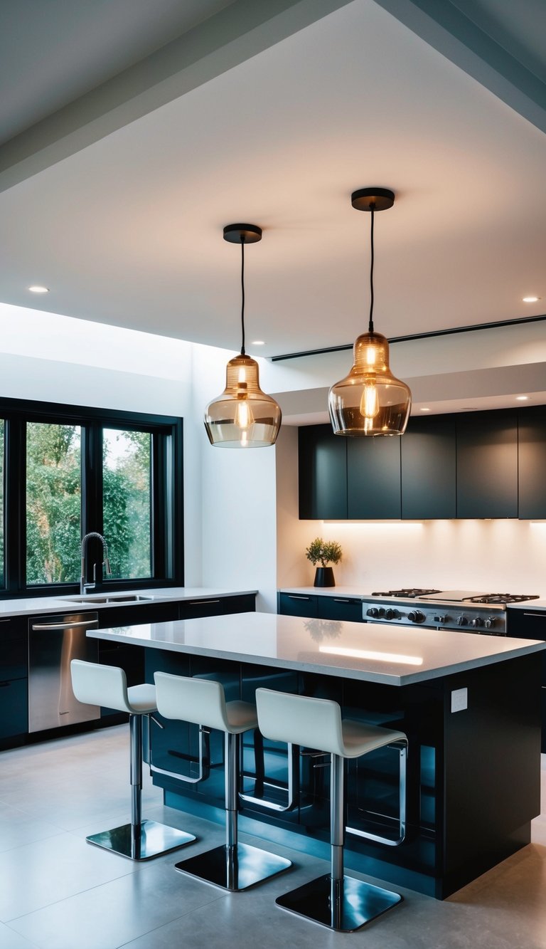 A spacious kitchen with a modern breakfast bar, sleek countertops, and stylish pendant lighting