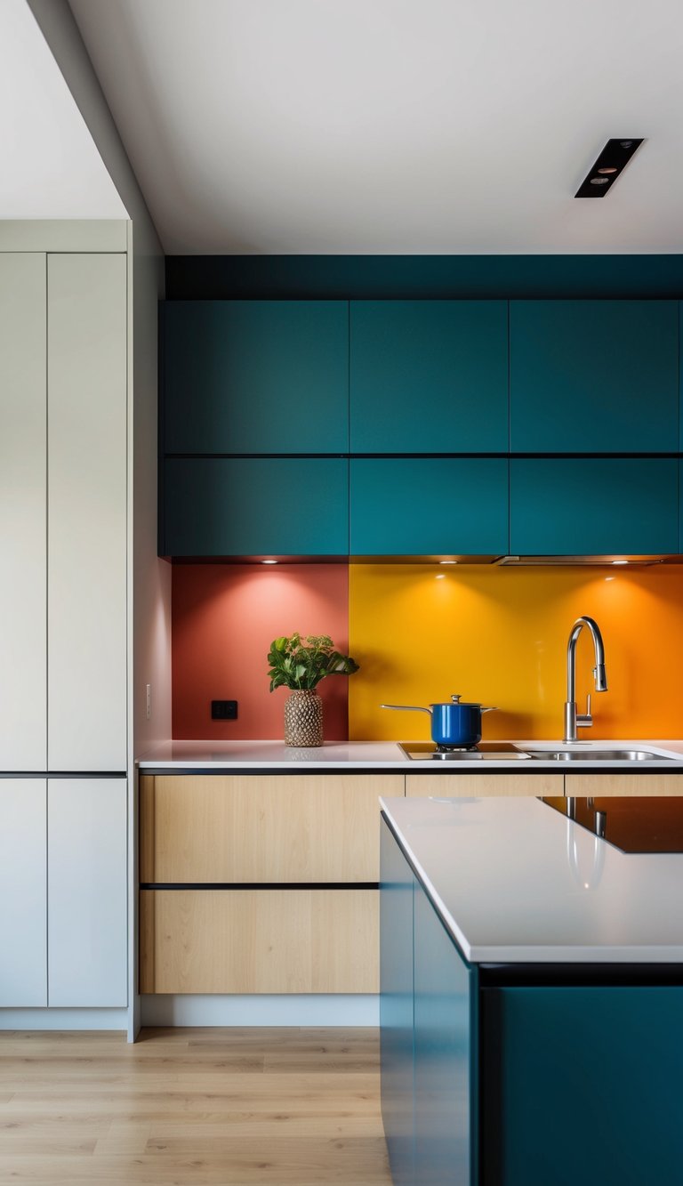 A modern kitchen with a vibrant, bold backsplash adding a pop of color to the sleek, minimalist design