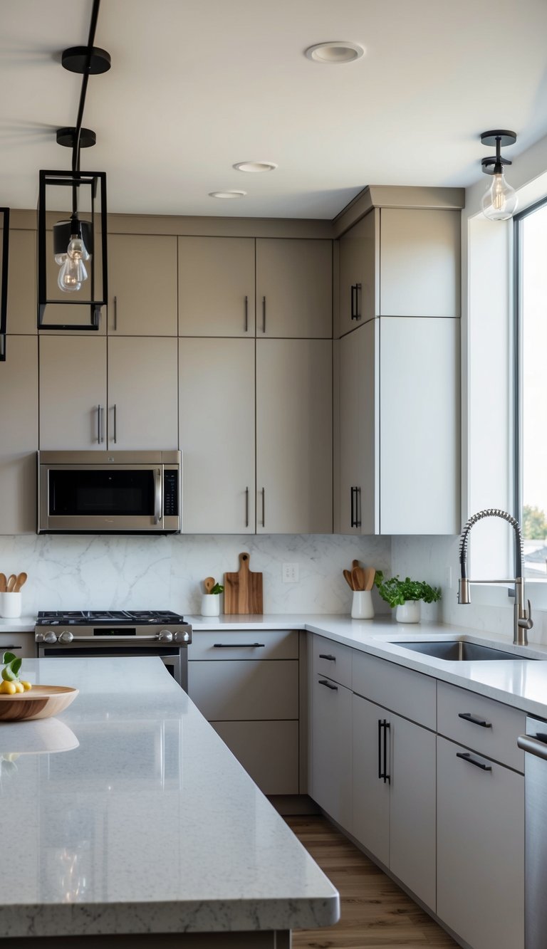 A modern kitchen with sleek quartz countertops, stainless steel appliances, and minimalist cabinetry