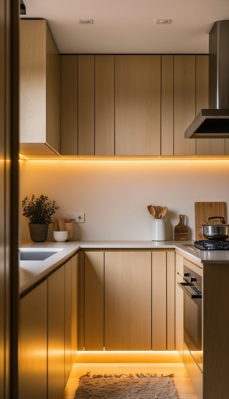 Soft, warm light illuminates a modern kitchen from beneath the cabinets, creating a cozy and inviting ambiance