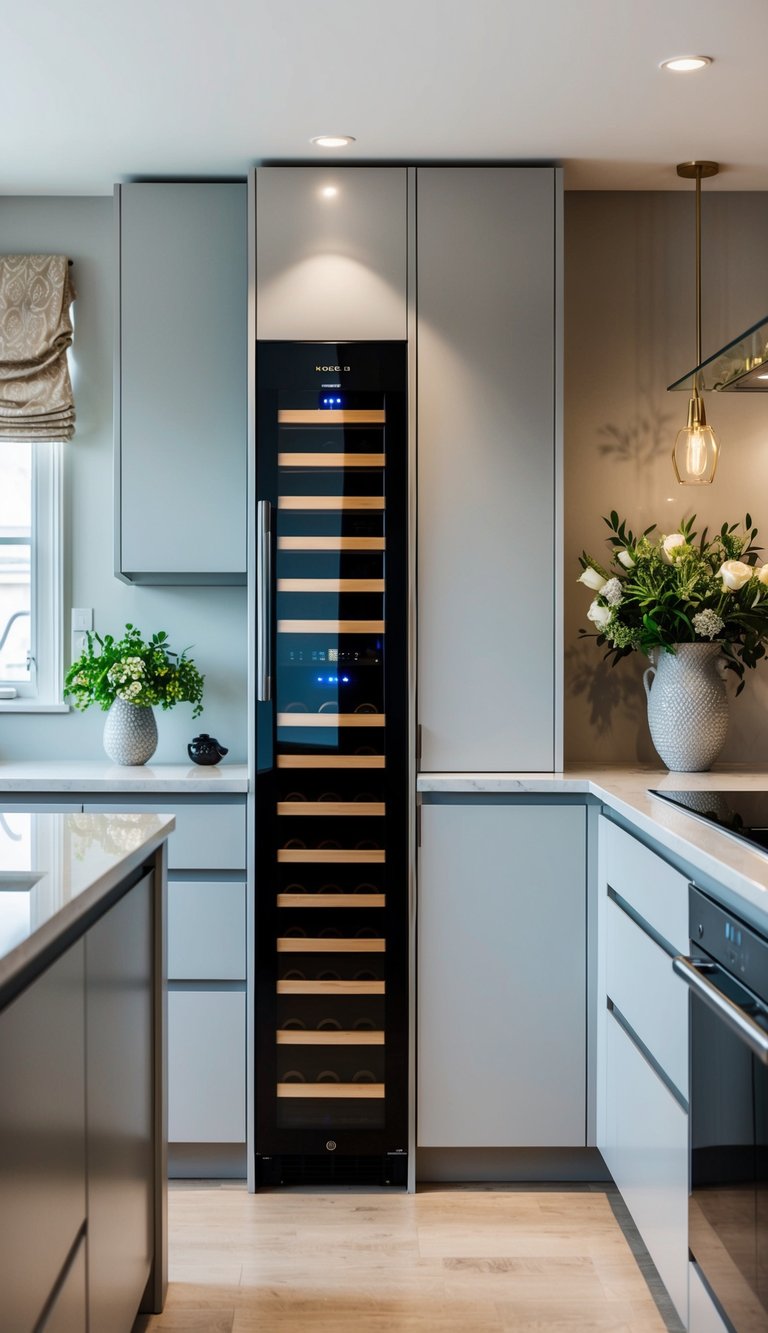 A modern kitchen with sleek countertops and cabinets, featuring a built-in wine fridge surrounded by stylish lighting and elegant decor