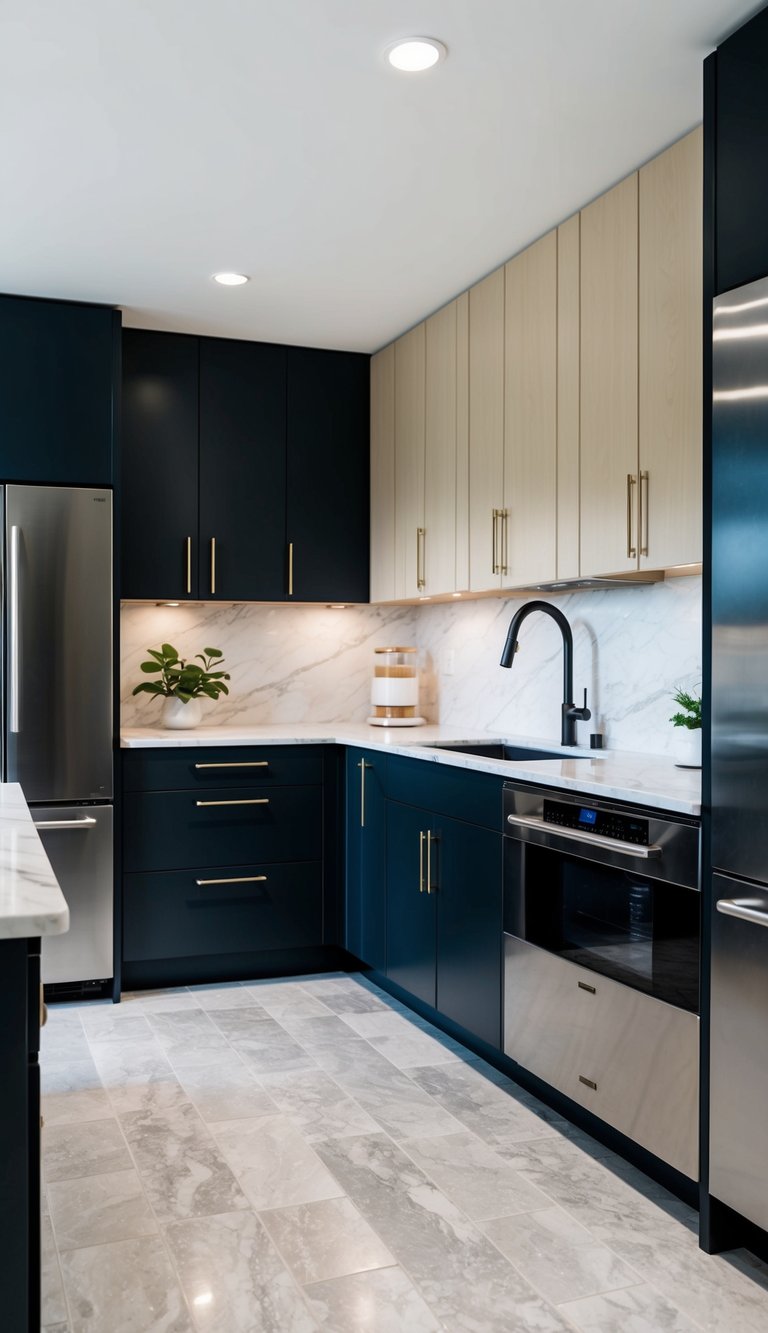 Two-tone cabinets in a modern kitchen, with dark lower cabinets and light upper cabinets, creating a striking contrast. Stainless steel appliances and marble countertops complete the contemporary look