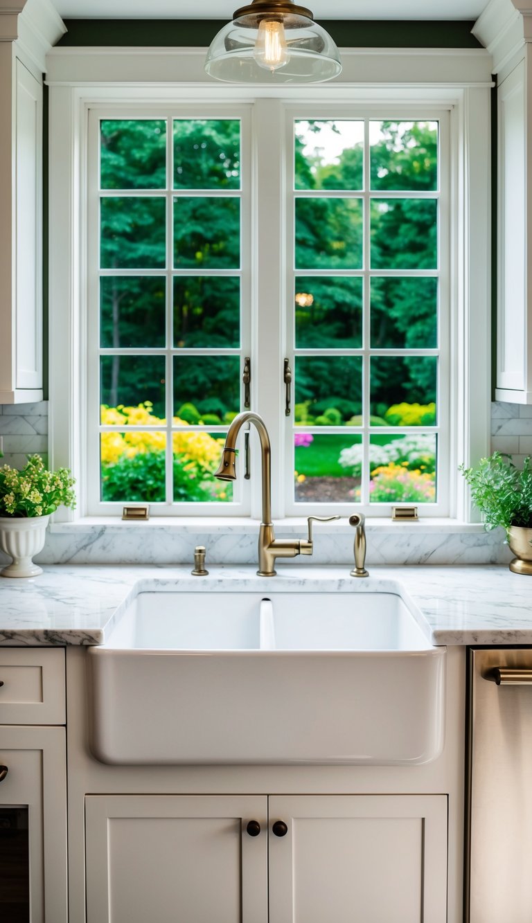 A farmhouse sink surrounded by white cabinets, marble countertops, and a large window overlooking a green garden