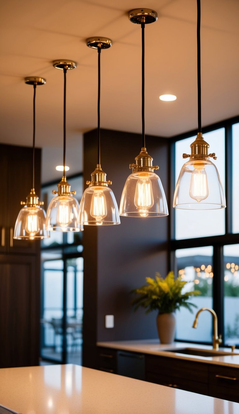 Pendant lights hang above a kitchen island, illuminating the space below
