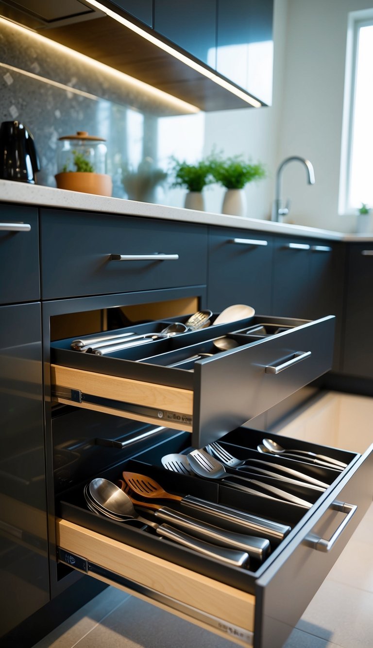 Drawer organizers neatly hold various utensils in a modern kitchen setting with sleek countertops and stylish cabinetry