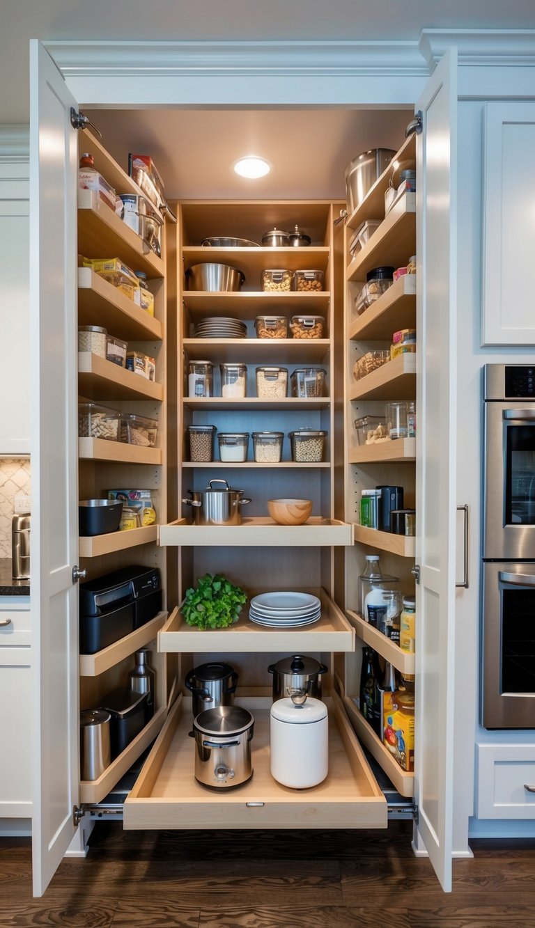 A kitchen with a pull-out pantry installed, showcasing various storage solutions and organization ideas for a remodel
