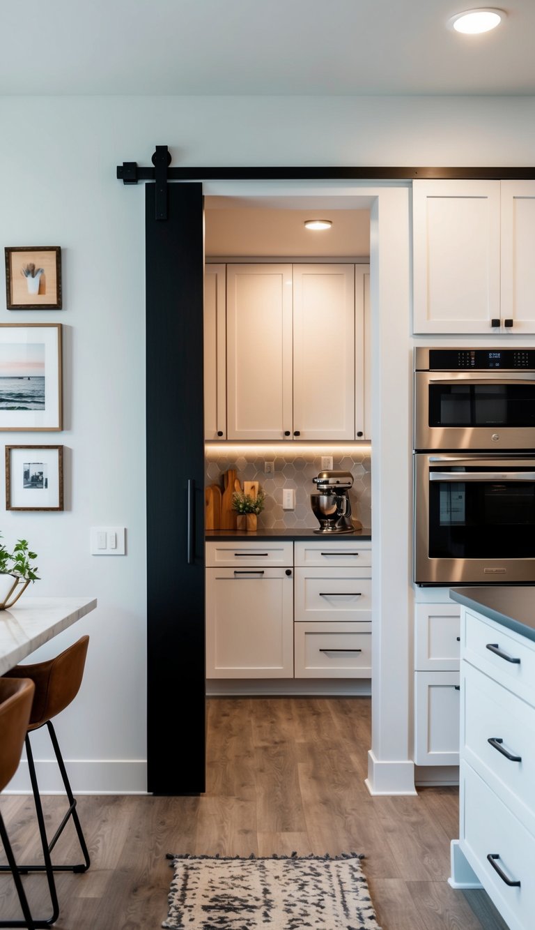 A modern kitchen with a sleek sliding barn door leading to the pantry, surrounded by trendy and functional design elements