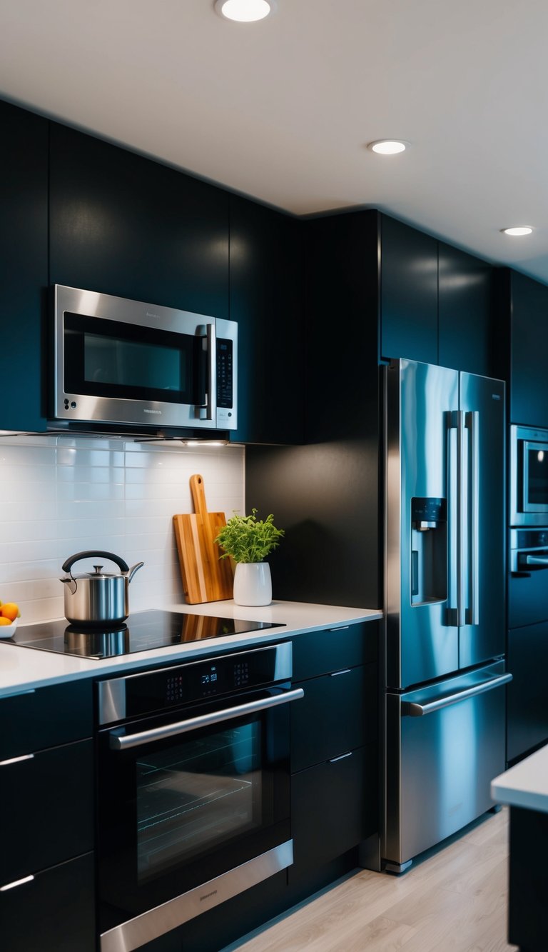 The kitchen is filled with sleek, modern smart appliances, including a voice-activated oven and a refrigerator with a built-in touch screen