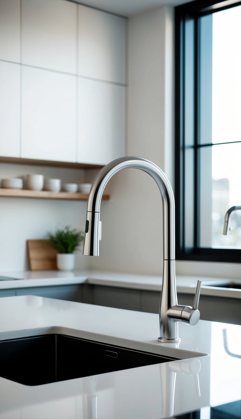 A sleek touchless kitchen faucet installed in a modern, minimalist kitchen, with clean lines and a sleek, polished finish