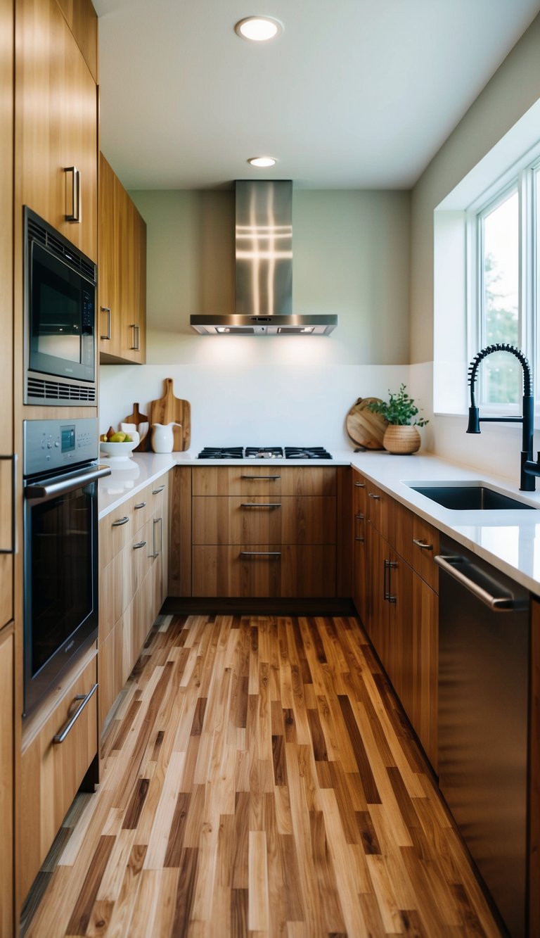 A modern kitchen with bamboo flooring, natural light, and eco-friendly appliances