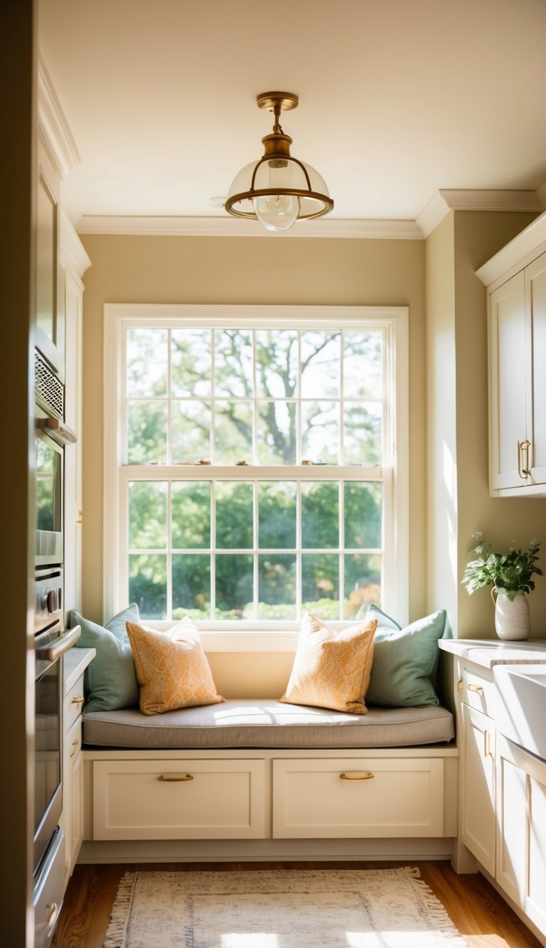 A sunlit kitchen with a built-in window seat, adorned with soft cushions and throw pillows, creating a cozy and inviting atmosphere