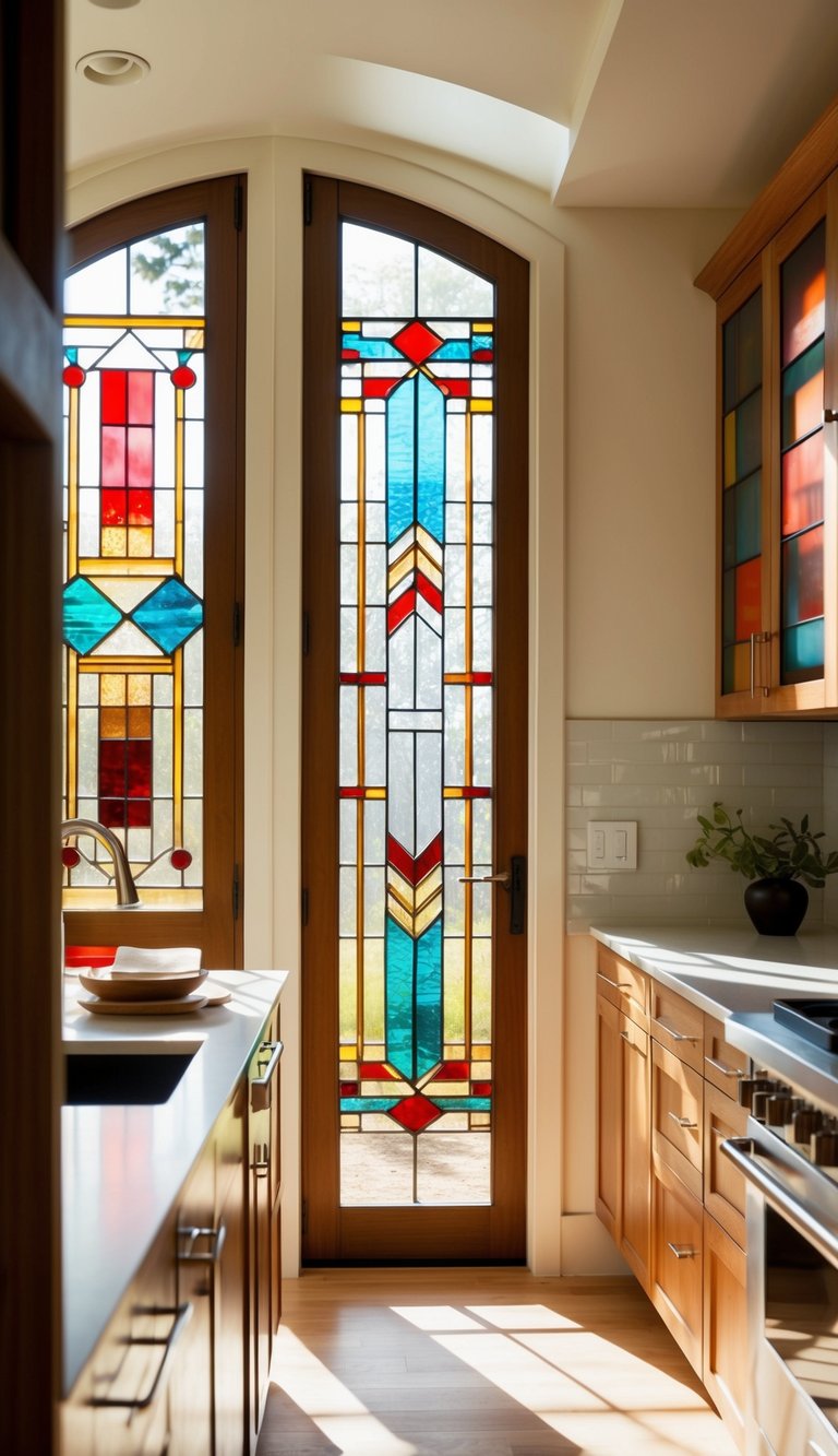 Stained glass cabinet doors in a modern kitchen, sunlight streaming through colorful geometric patterns