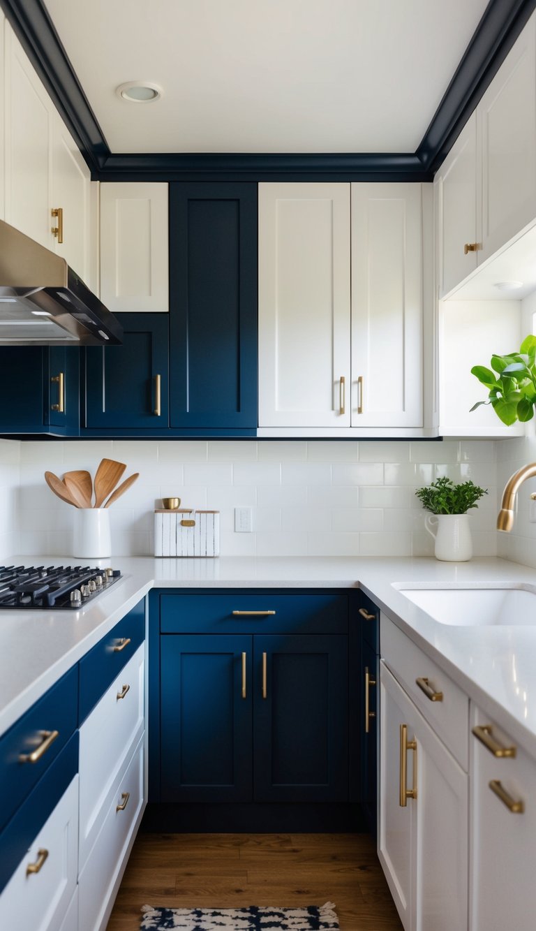 Two-tone kitchen cabinets in white and navy, evoking a coastal-inspired, clean, and contemporary look