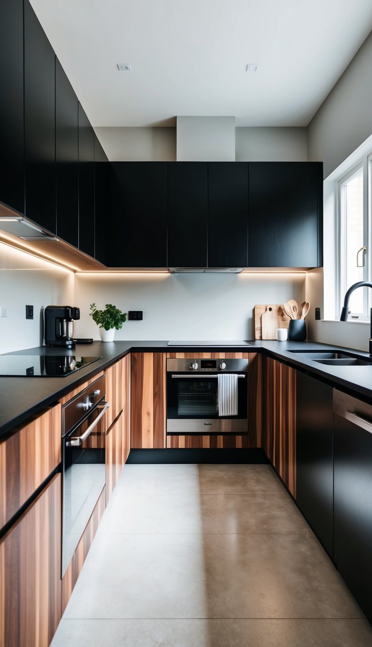 Contemporary kitchen showcasing black and wood two-tone cabinets with sleek lines and modern appliances