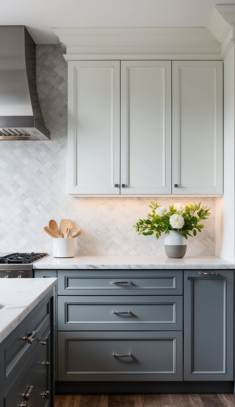 Sleek kitchen with gray lower cabinets and white upper cabinets, complemented by chrome hardware and marble countertops