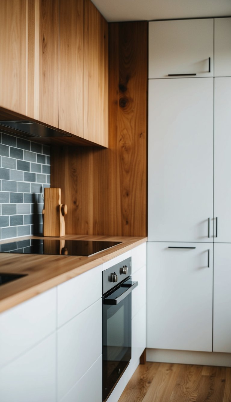 Modern kitchen featuring natural wood and white cabinetry for a warm, inviting atmosphere