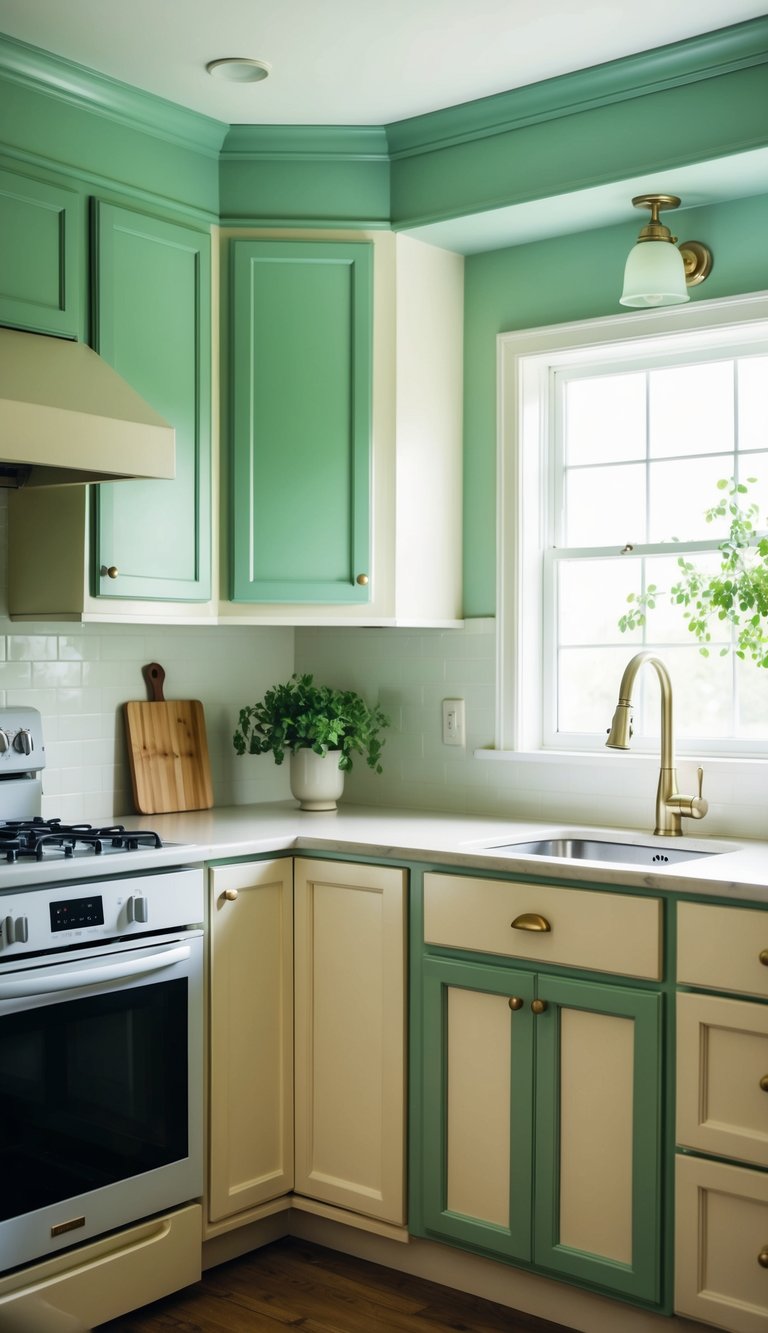 Peaceful kitchen with sage green upper cabinets and cream lower cabinets illuminated by soft natural light