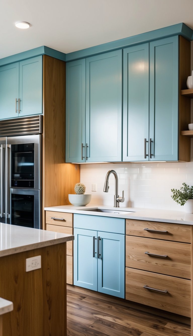Modern kitchen with light blue upper cabinets and oak lower cabinets, complemented by silver hardware and white countertops