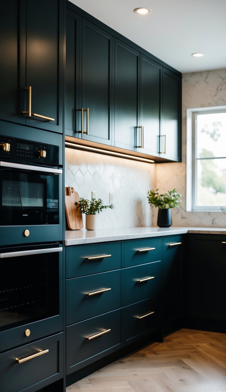 Sleek kitchen cabinet featuring black and gold handles for a sophisticated accent