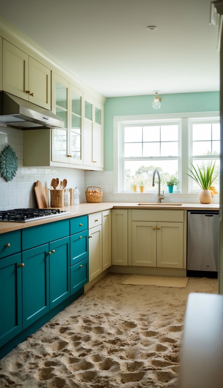 Kitchen with teal and ivory two-tone cabinets, beach-inspired decor, and natural light