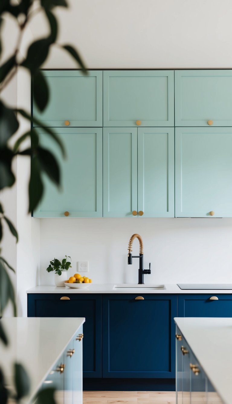 Modern kitchen with pastel blue upper cabinets and bold navy lower cabinets against a white backdrop