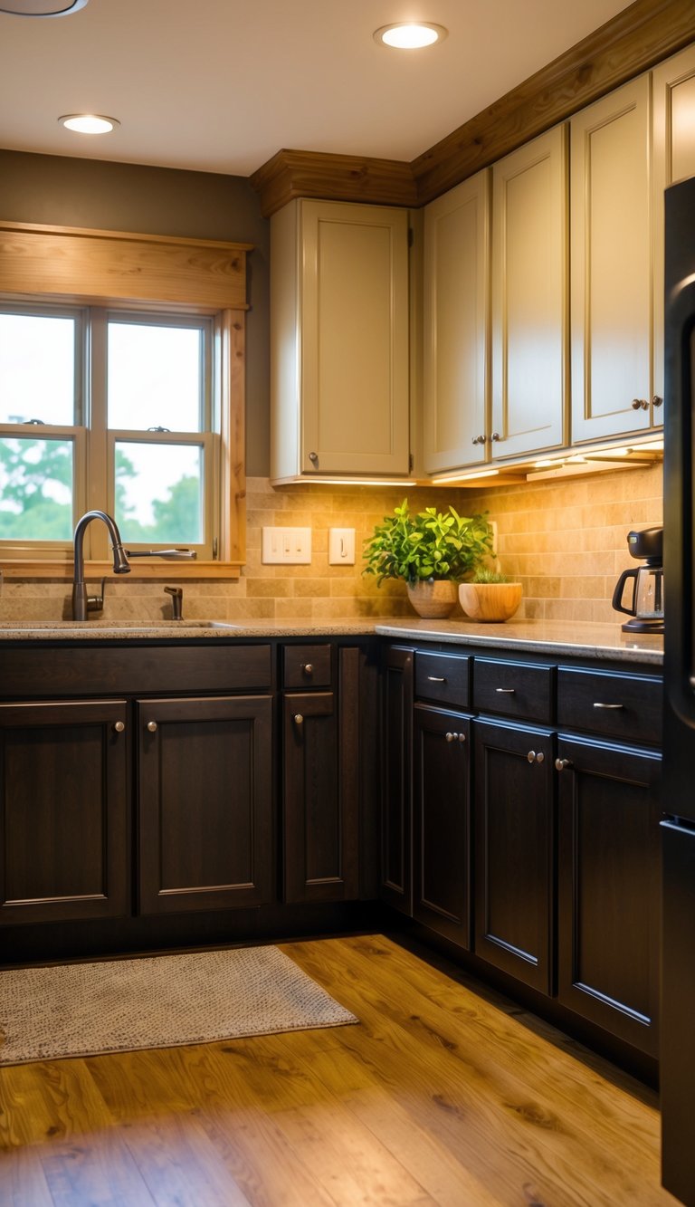 Cozy kitchen with dark brown lower cabinets and beige upper cabinets, accented by warm lighting and wood details