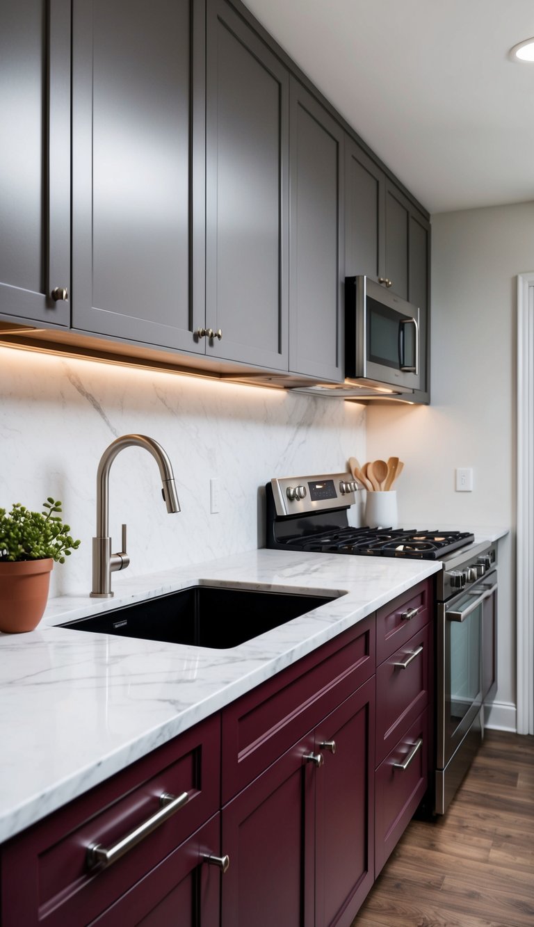 Sleek kitchen with burgundy lower cabinets and dove gray upper cabinets, accented by stainless steel hardware and marble surfaces