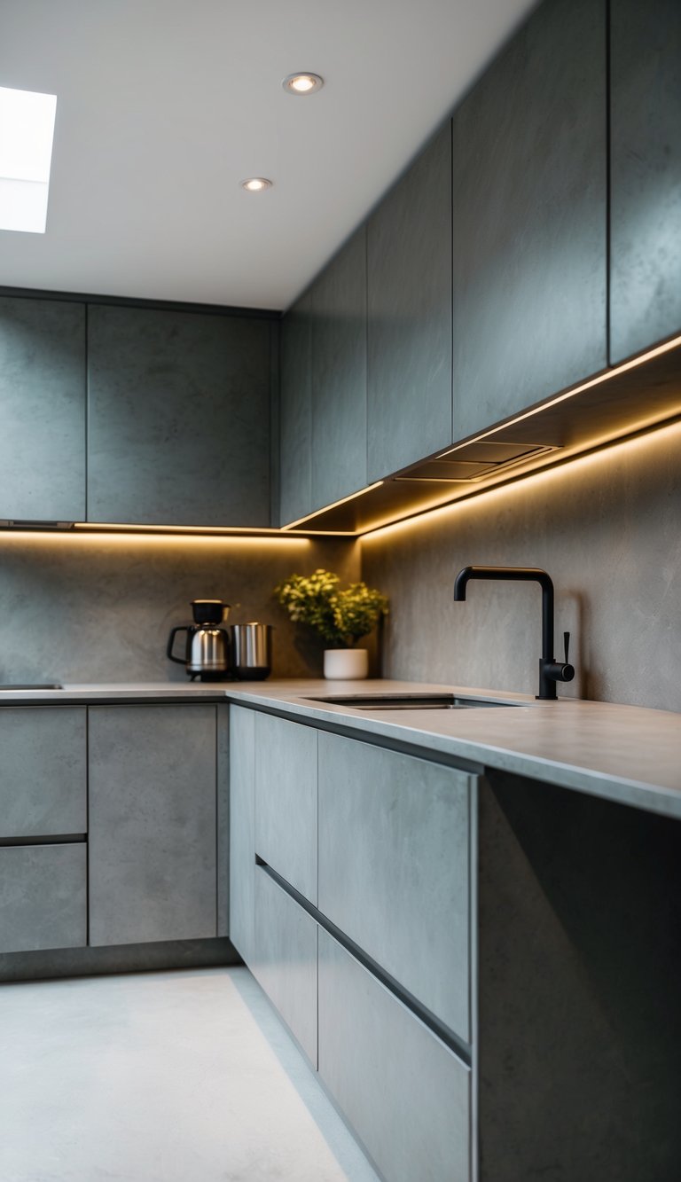 Modern kitchen featuring concrete gray cabinets accented with metallic hardware and fixtures