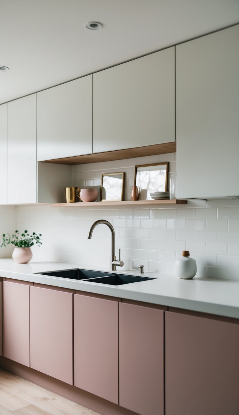 Kitchen with dusty pink lower cabinets and white upper cabinets, featuring soft lighting and minimalistic decor