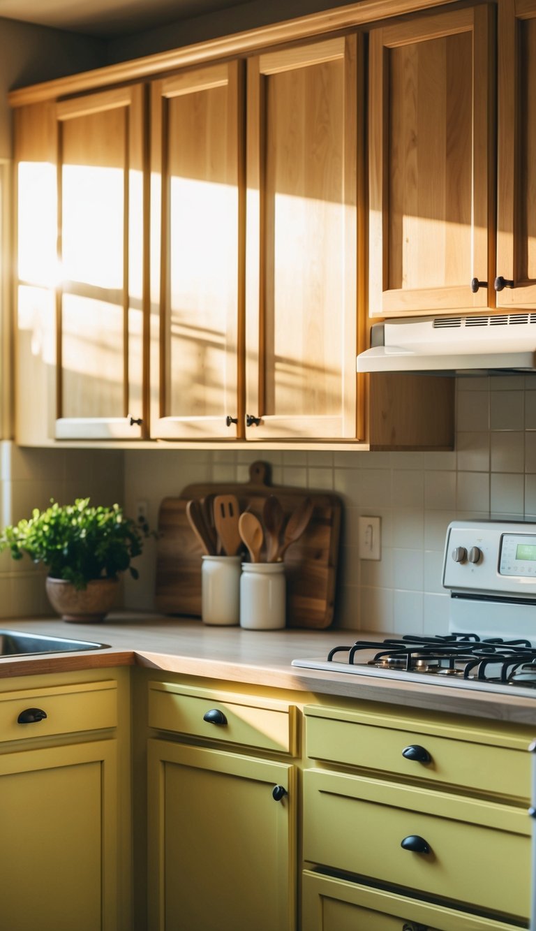 Kitchen with light wood upper cabinets and pale yellow lower cabinets bathed in warm sunlight