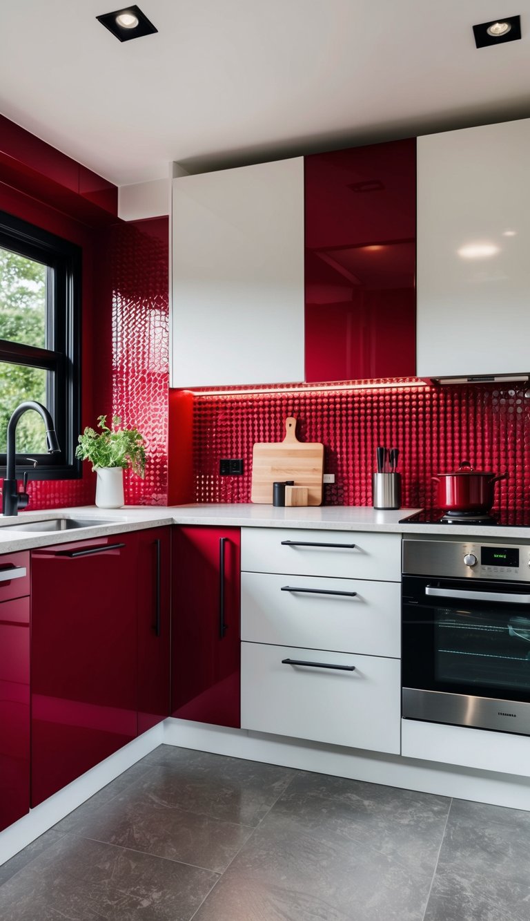 Striking kitchen with crimson lower cabinets and white upper cabinets, creating a bold two-tone design
