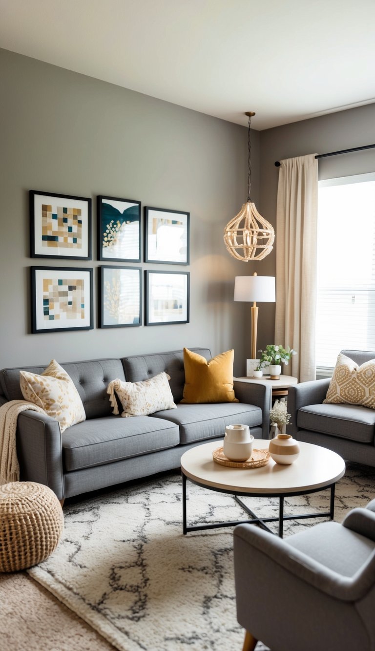 Cozy living room with gray and beige tones, showcasing creative wall art and plush furniture