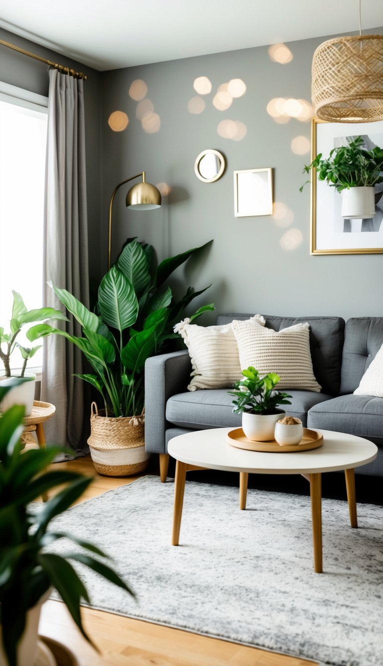 Cozy living room with gray and beige decor accented by potted plants