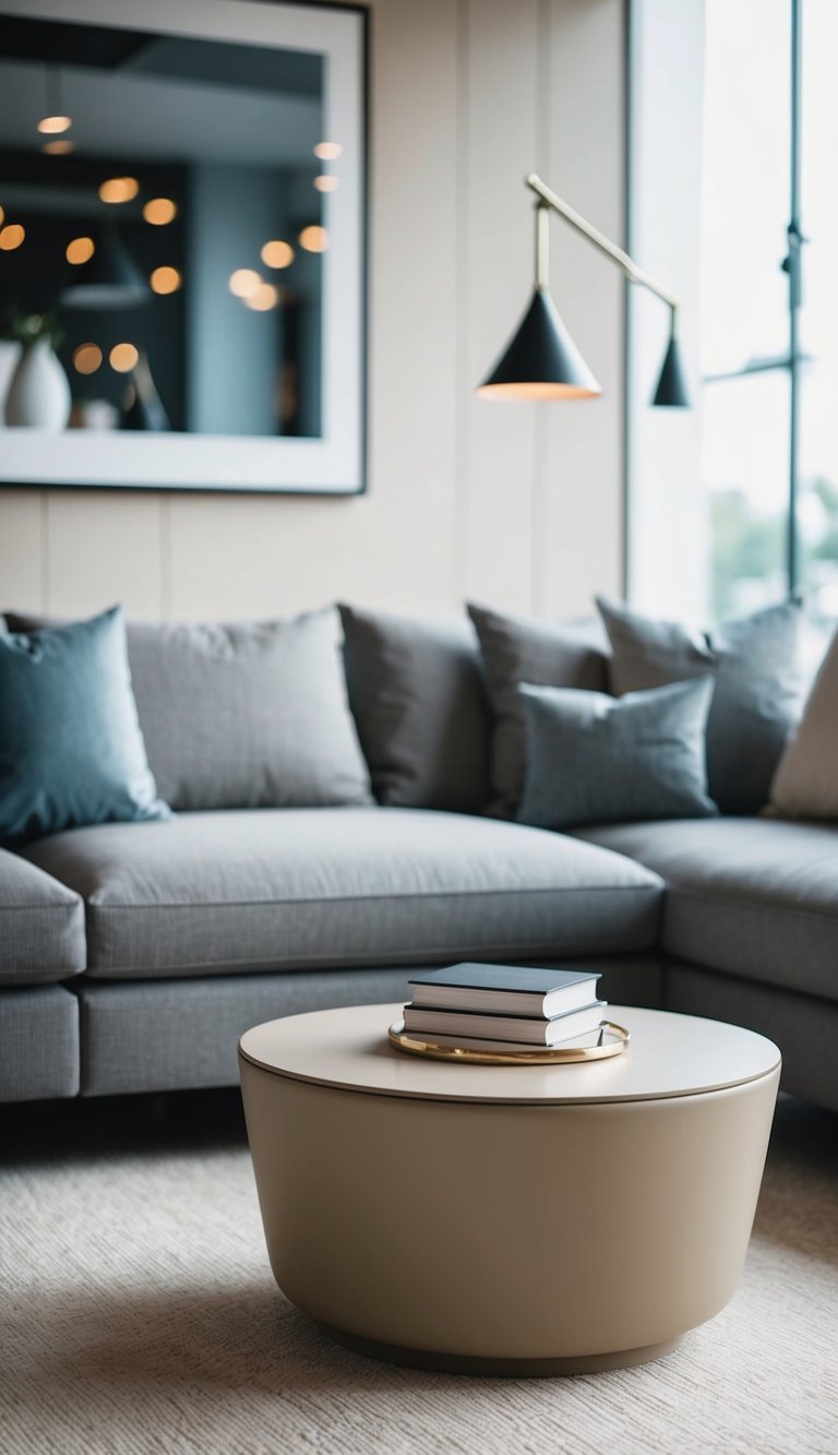 Modern living room featuring sleek gray and beige side tables