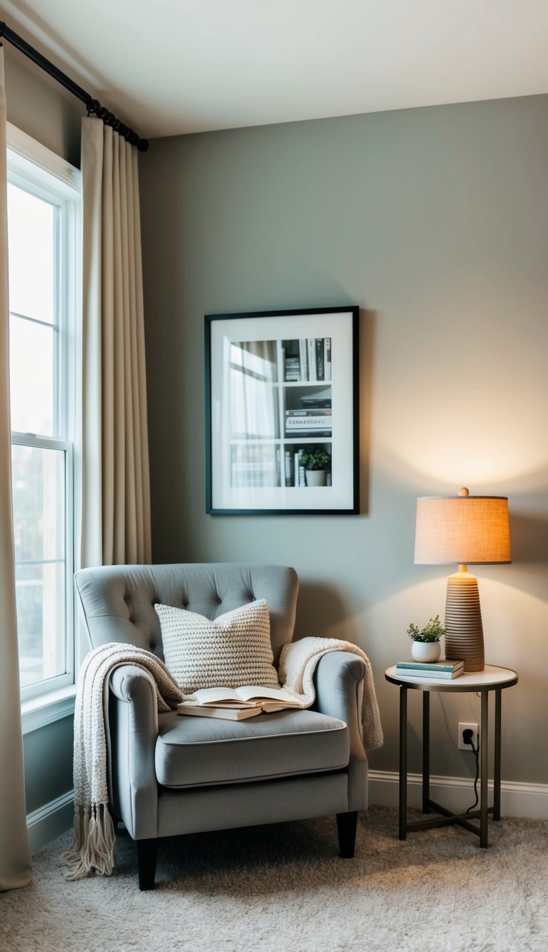 Cozy reading nook with plush armchair, soft throw, and side table with warm lamp in gray and beige living room