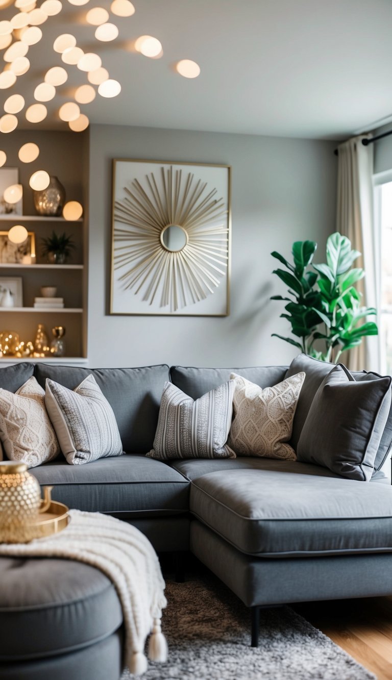 Gray and beige accent pillows on a modern sofa with stylish decor and soft lighting