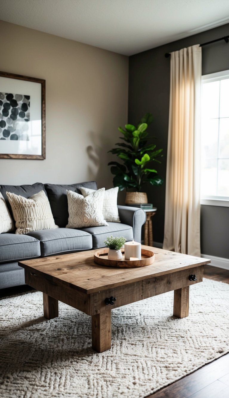 Rustic coffee table in a cozy gray and beige living room