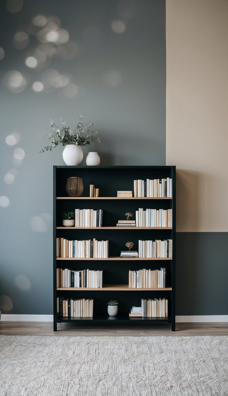 Modern bookshelf with curated decor and books in a gray and beige living room