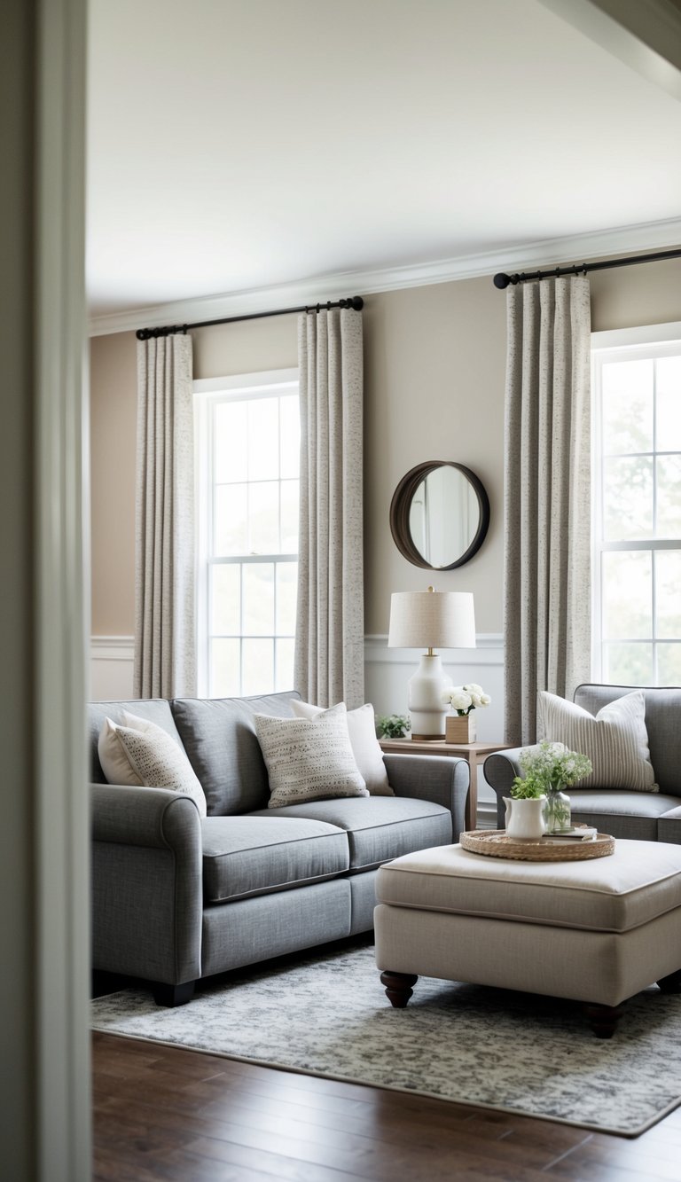 Beige and gray living room with textured curtains