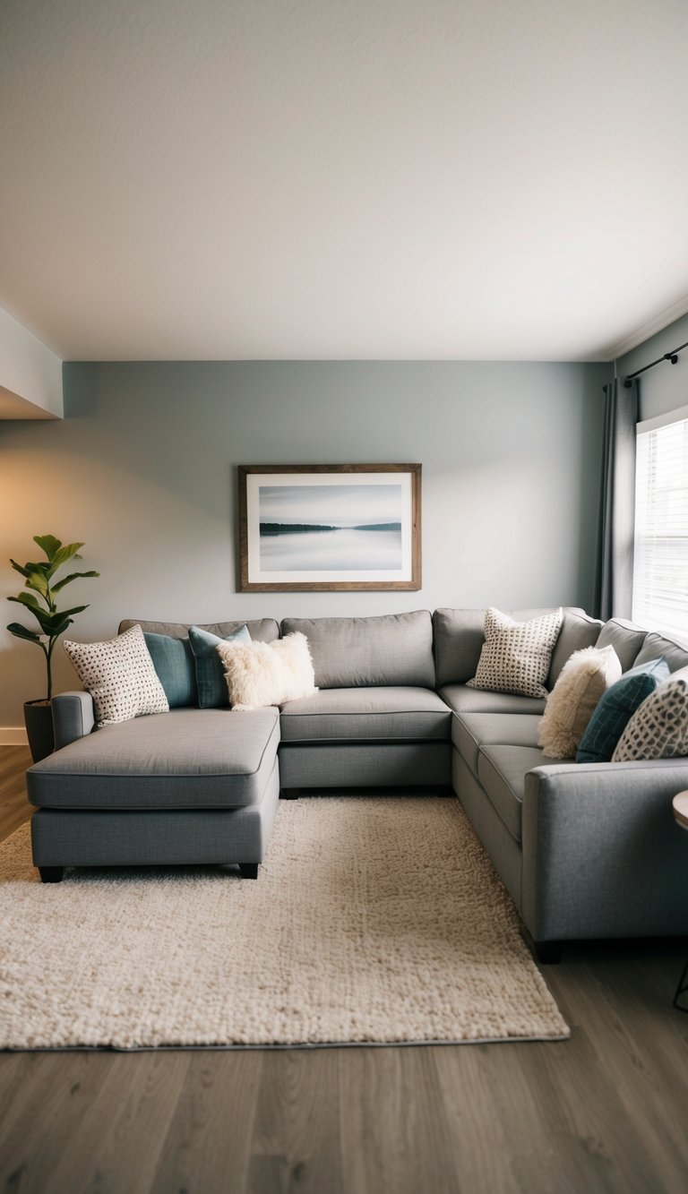 Cozy sectional sofa in a modern gray and beige living room