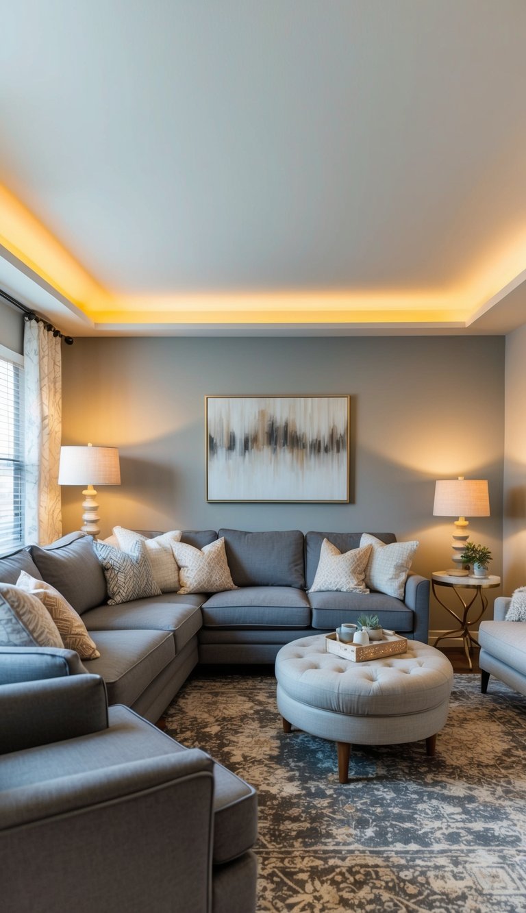 Living room with layered lighting and gray and beige decor creating a warm atmosphere
