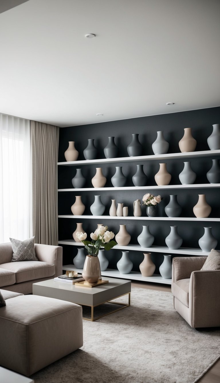 Modern living room with elegant gray and beige vases arranged on shelves and tables