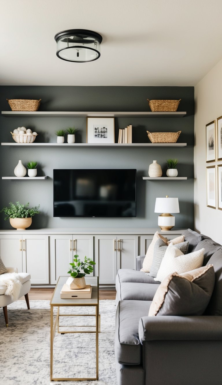 Living room with wall-mounted shelves showcasing gray and beige decor