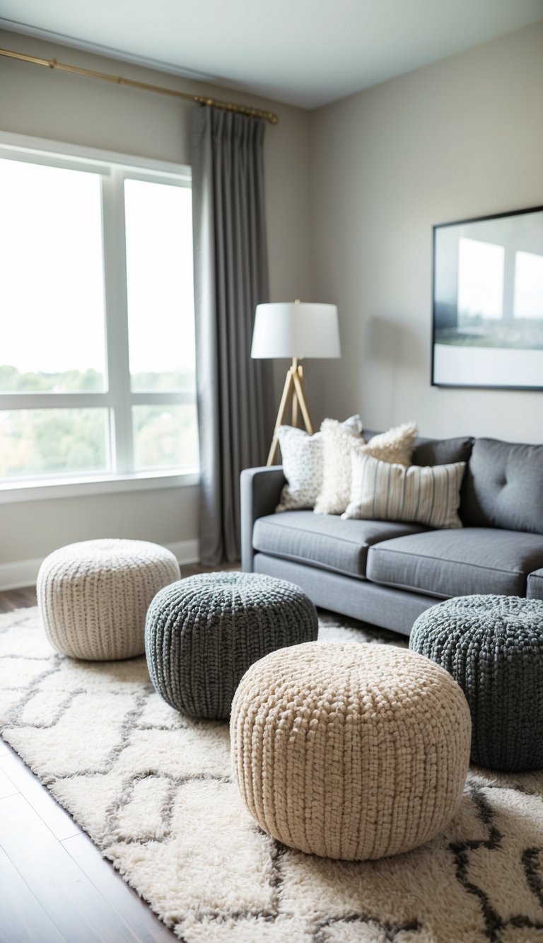 Cozy living room with stylish gray and beige poufs complementing modern decor