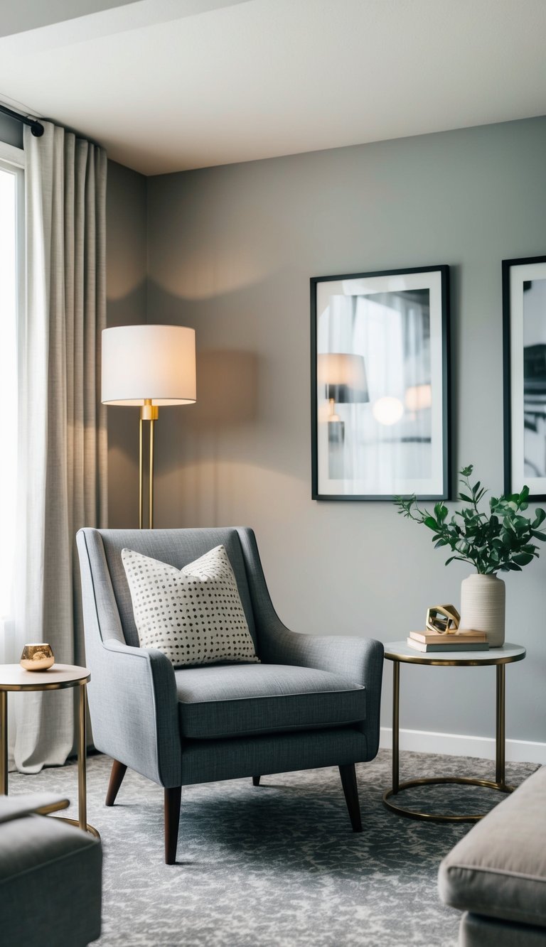 Mid-century armchair in a gray and beige living room with modern decor and soft lighting