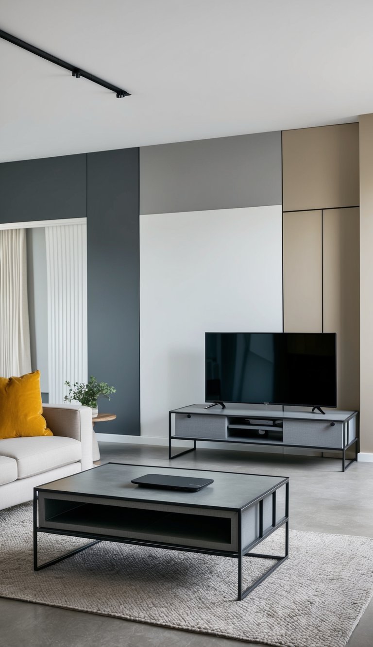 Industrial TV stand in a gray and beige living room with minimalist decor