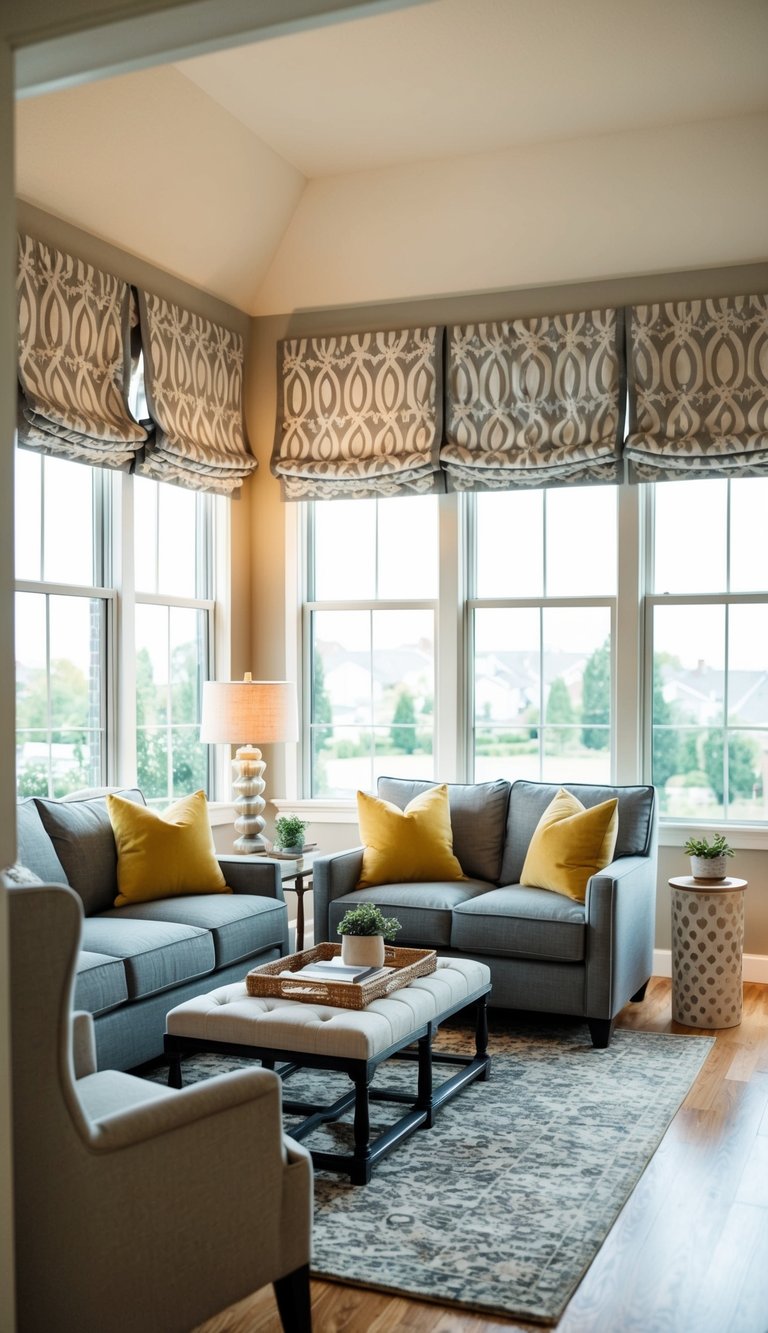 Cozy living room with patterned gray and beige window treatments, comfortable seating, and warm lighting